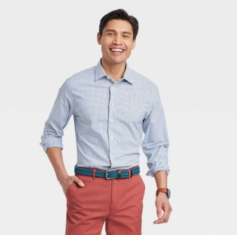 NWT Goodfellow Long Sleeve Button Down Shirt Blue/White Gingham - Size Large